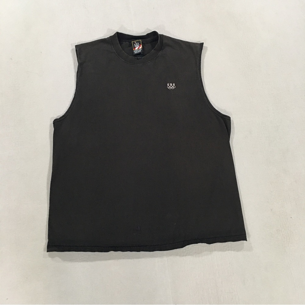 Vintage USA Olympic Tank Shirt Adult Size Large Black Sleeveless Cotton Crewneck